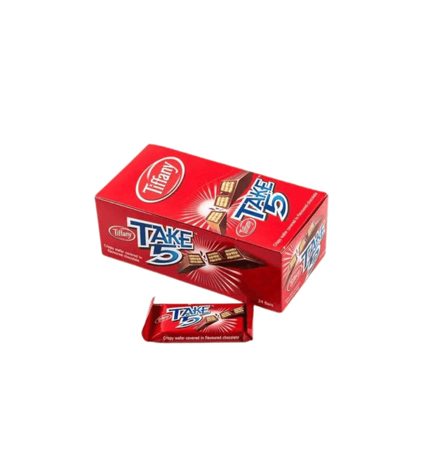 Red box of Tiffany Take 5 candy bars on a white background
