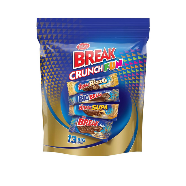 Packaging of Break Crunch Fun candy bars with blue and gold design on a white background