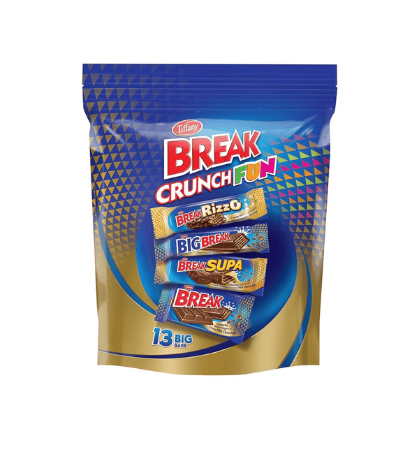Packaging of Break Crunch Fun candy bars with blue and gold design on a white background