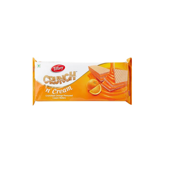 Pack of Tiffany Crunch 'n Cream orange flavored wafers on a white background
