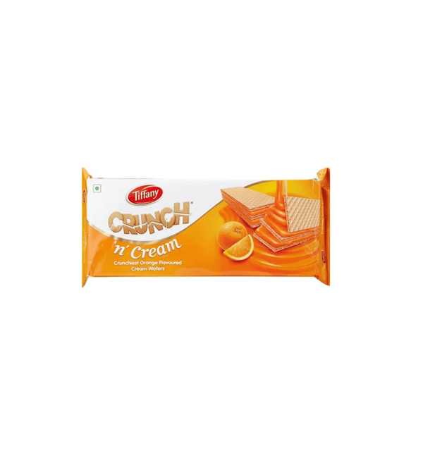 Pack of Tiffany Crunch 'n Cream orange flavored wafers on a white background