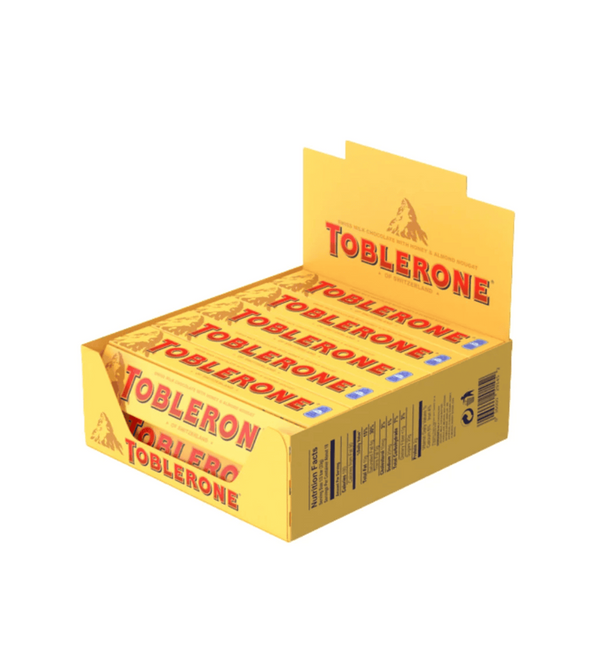 Box of Toblerone chocolate bars on a white background
