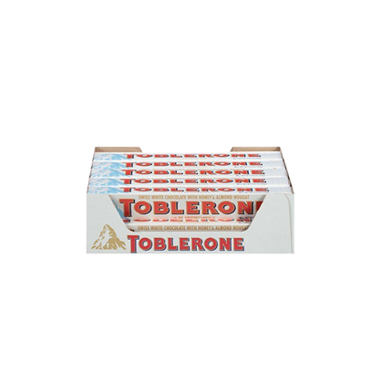 Box of Toblerone white  chocolate bars on a white background