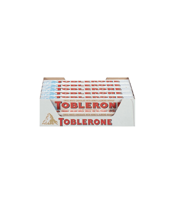 Box of Toblerone white  chocolate bars on a white background