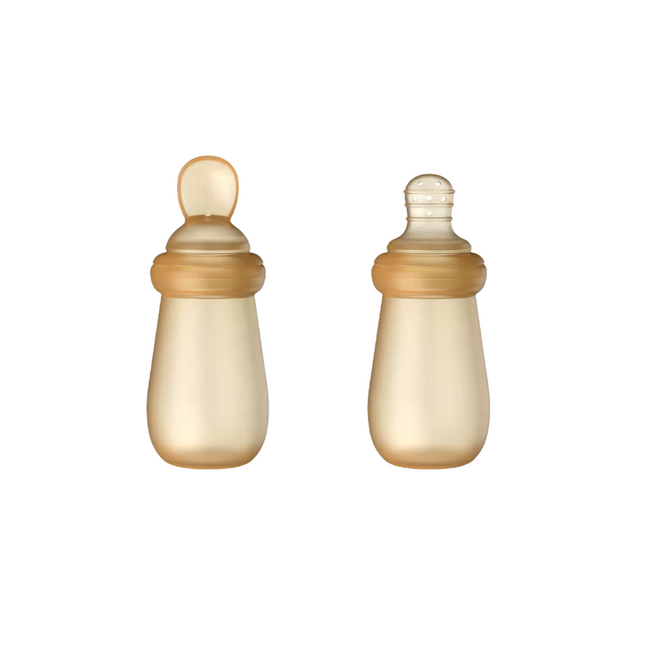 Two baby bottles with silicone caps on a white background