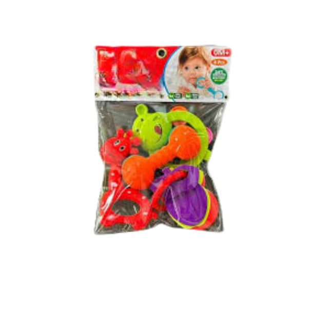 Colorful baby toy set in a clear package with branding on a white background