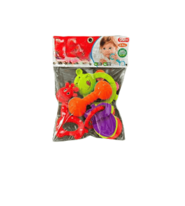 Colorful baby toy set in a clear package with branding on a white background