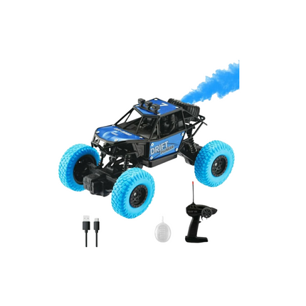 Toy truck with blue wheels and smoke effect on a white background