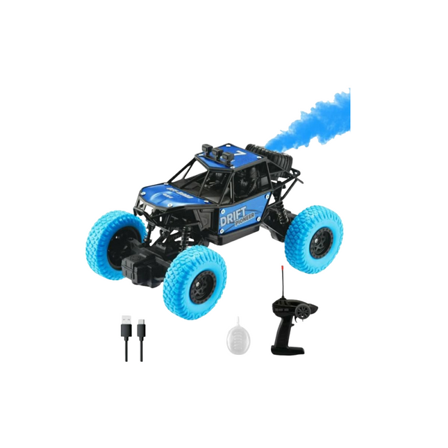 Toy truck with blue wheels and smoke effect on a white background