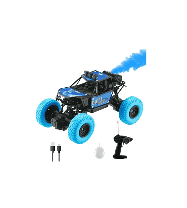 Toy truck with blue wheels and smoke effect on a white background