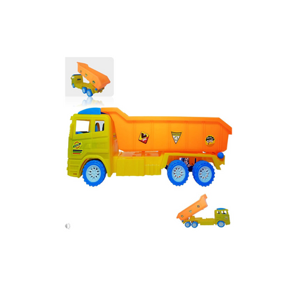 Toy dump truck with detachable trailer on a white background