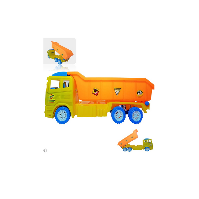 Toy dump truck with detachable trailer on a white background