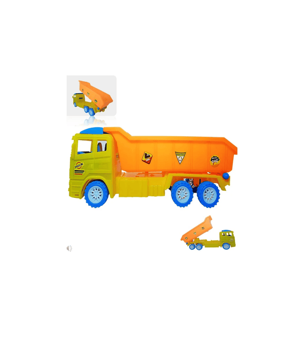 Toy dump truck with detachable trailer on a white background