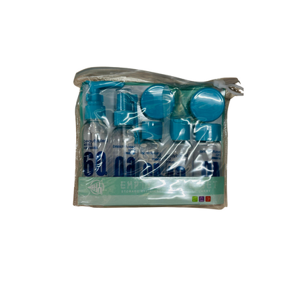 Packaged blue containers with a clear plastic cover on a white background