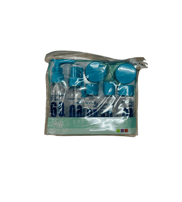 Packaged blue containers with a clear plastic cover on a white background
