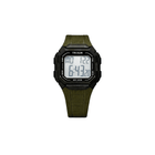Digital watch with green strap on a white background
