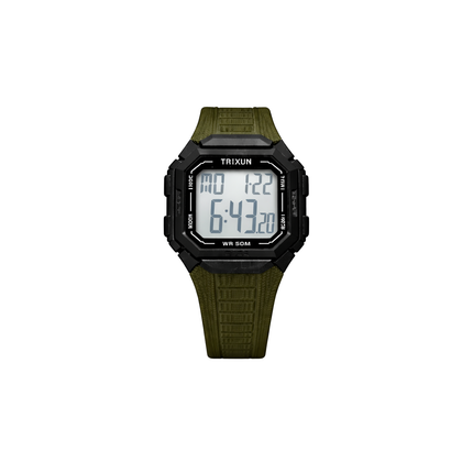 Digital watch with green strap on a white background