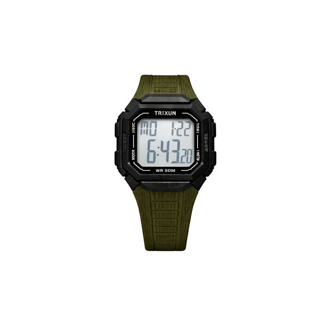 Digital watch with green strap on a white background