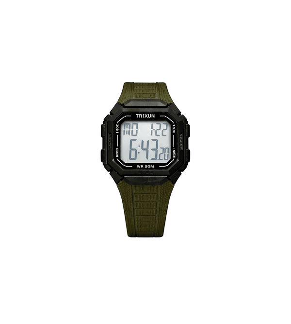 Digital watch with green strap on a white background