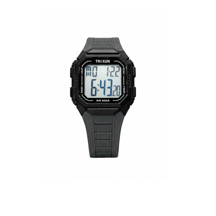 Black digital watch with a white background