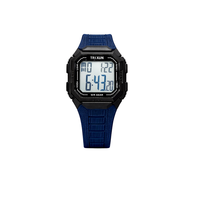 Digital watch with blue strap and black case on a white background