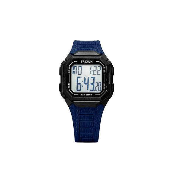 Digital watch with blue strap and black case on a white background