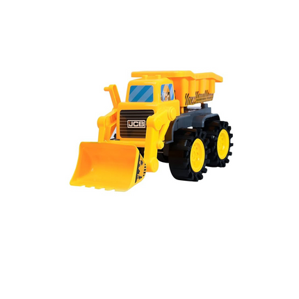 Yellow toy bulldozer with JCB branding on a white background