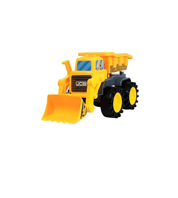 Yellow toy bulldozer with JCB branding on a white background