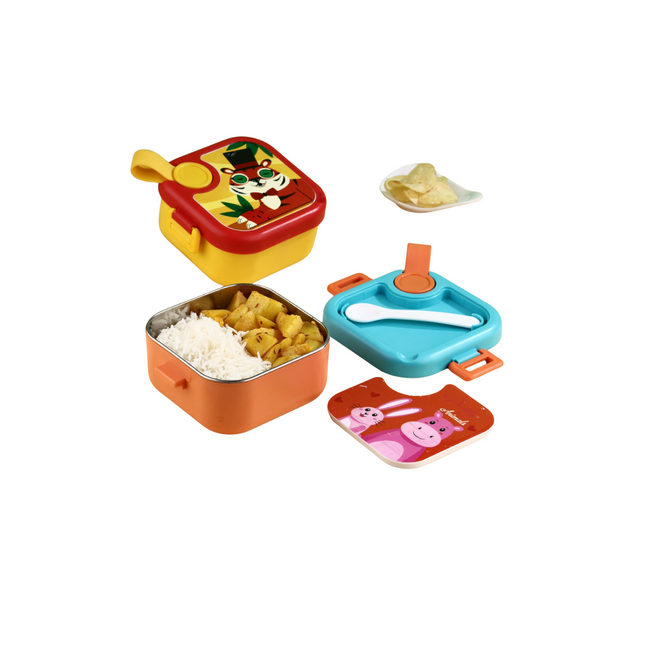 Set of colorful children's lunch boxes with compartments on a white background