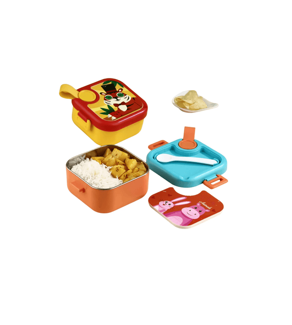 Set of colorful children's lunch boxes with compartments on a white background