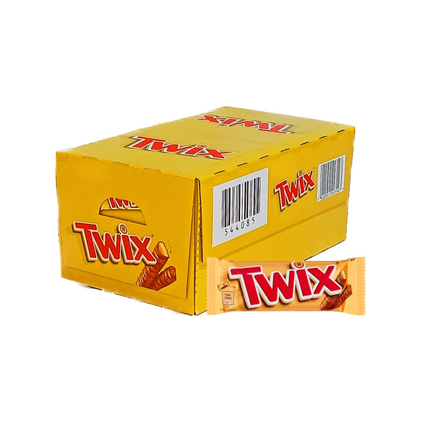 Box of Twix candy bars with a single bar on a white background