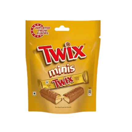 Packaging of Twix minis chocolate bars with a yellow background