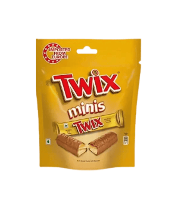 Packaging of Twix minis chocolate bars with a yellow background