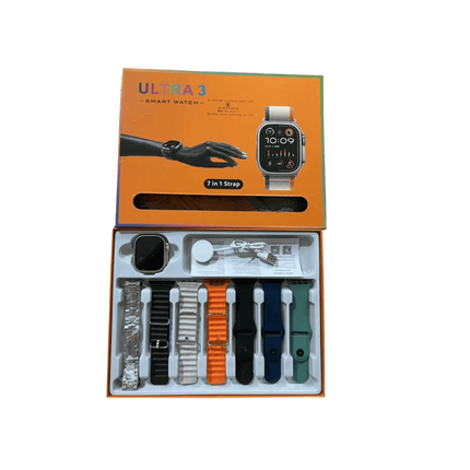 Smartwatch kit with interchangeable straps in a box on a white background