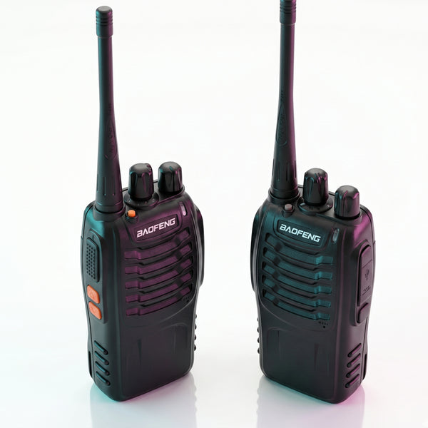 Two Baofeng walkie talkies on a white background
