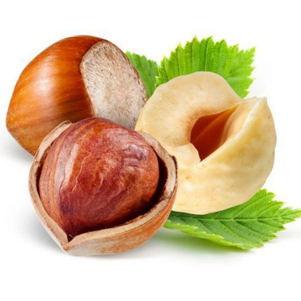Three hazelnuts with green leaves on a white background