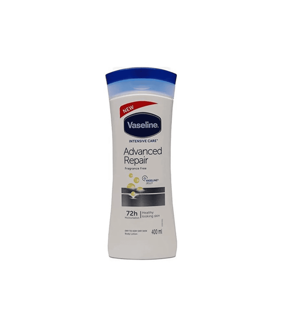 Vaseline Advanced Repair body lotion bottle on a white background