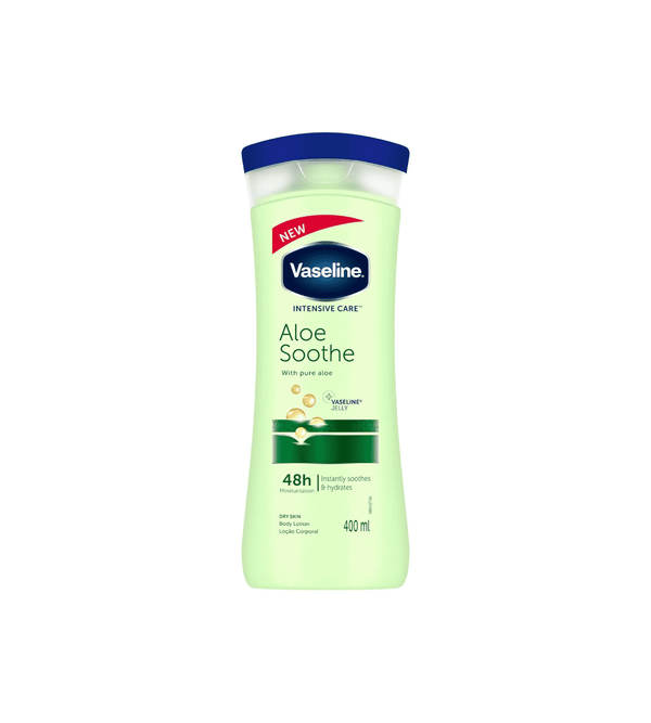 Vaseline Aloe Soothe body lotion bottle on a white background