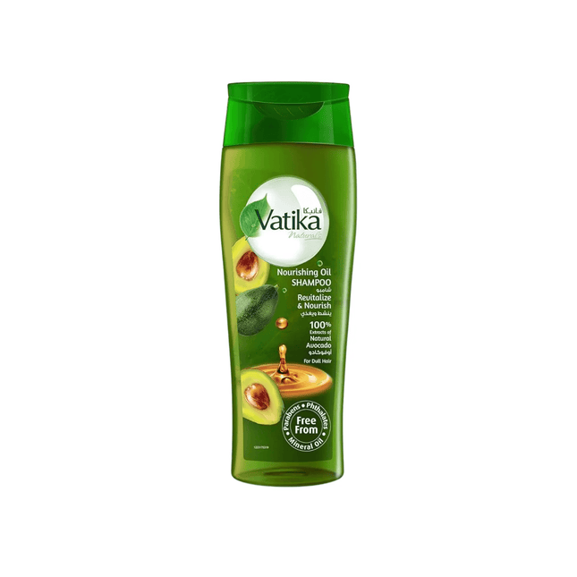 Vatika shampoo bottle with green label on a white background