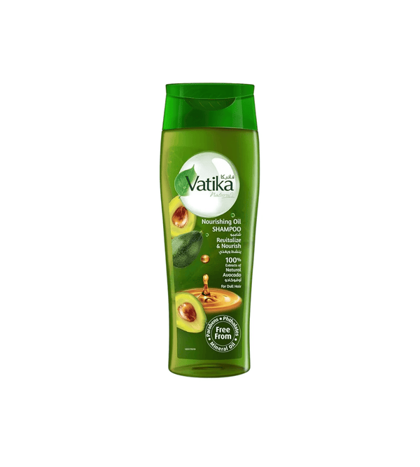 Vatika shampoo bottle with green label on a white background