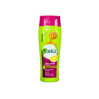 Vatika shampoo bottle with green body and pink cap on a white background