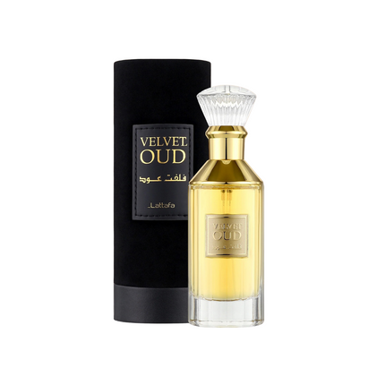 Perfume bottle and packaging of 'Velvet Oud' on a white background