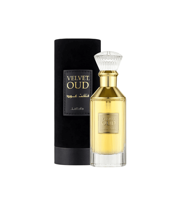 Perfume bottle and packaging of 'Velvet Oud' on a white background