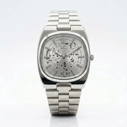 Silver watch with a detailed face on a white background