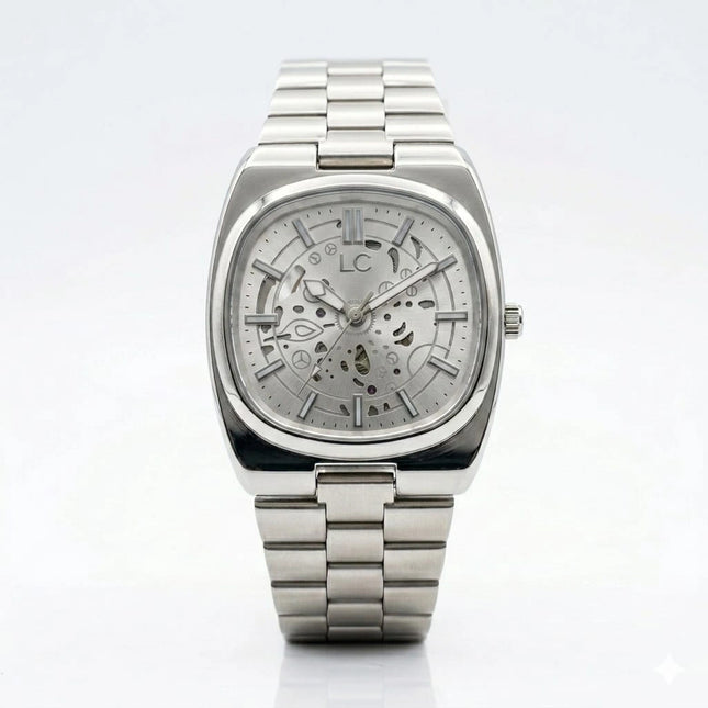 Silver watch with a detailed face on a white background
