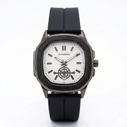 Black wristwatch with white face and 'CAOMI' branding on a white background