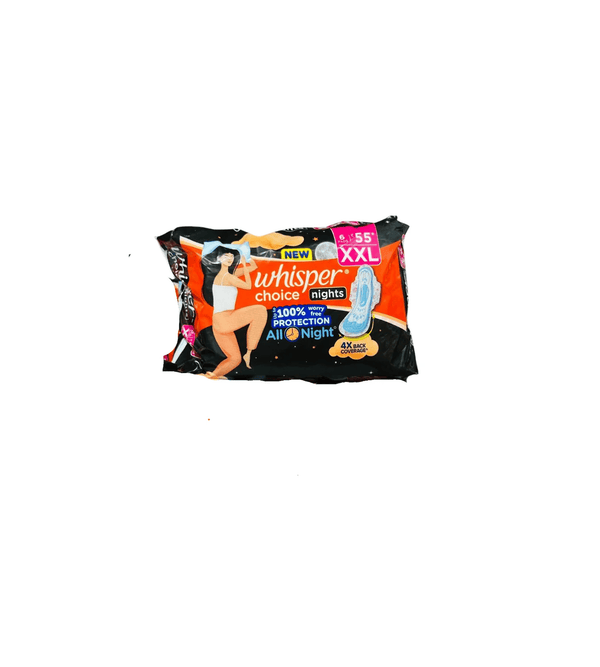 Pack of Whisper Choice nights sanitary pads on a white background