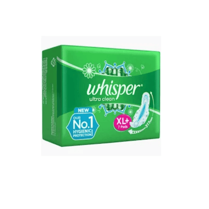 Box of Whisper ultra clean sanitary pads on a white background