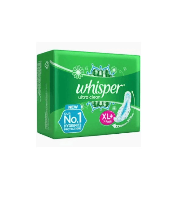 Box of Whisper ultra clean sanitary pads on a white background