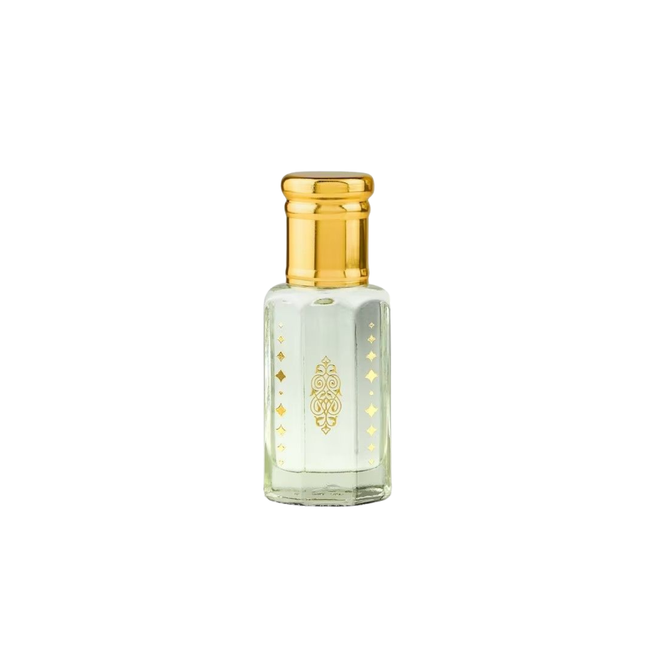 Perfume bottle with gold cap on a white background